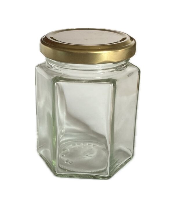 Glas 196 ml 6-kantet ca 225 g TO 58 palle med 3367 stk m/ guld låg